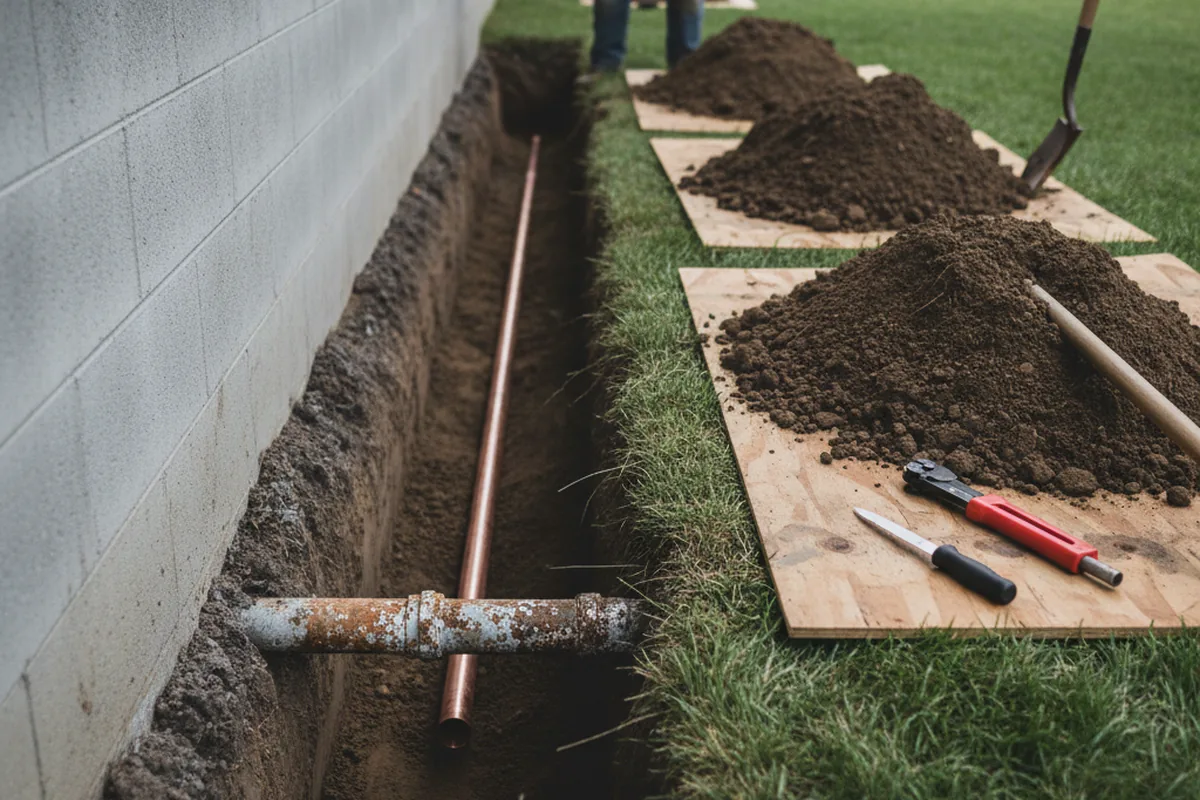 Excavated water line trench during Water Softener Installation in Moscow